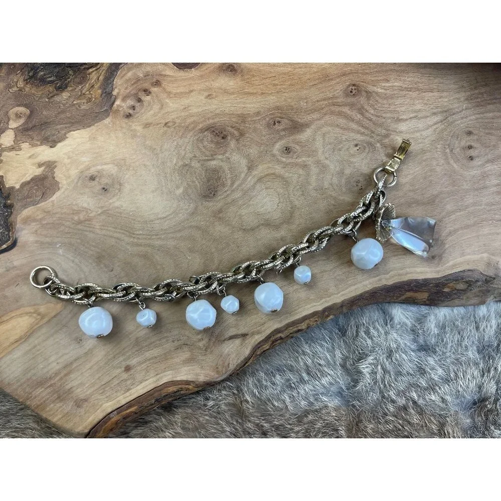 Gold tone chain link faux pearl bracelet glam‎ white chunky jewelry